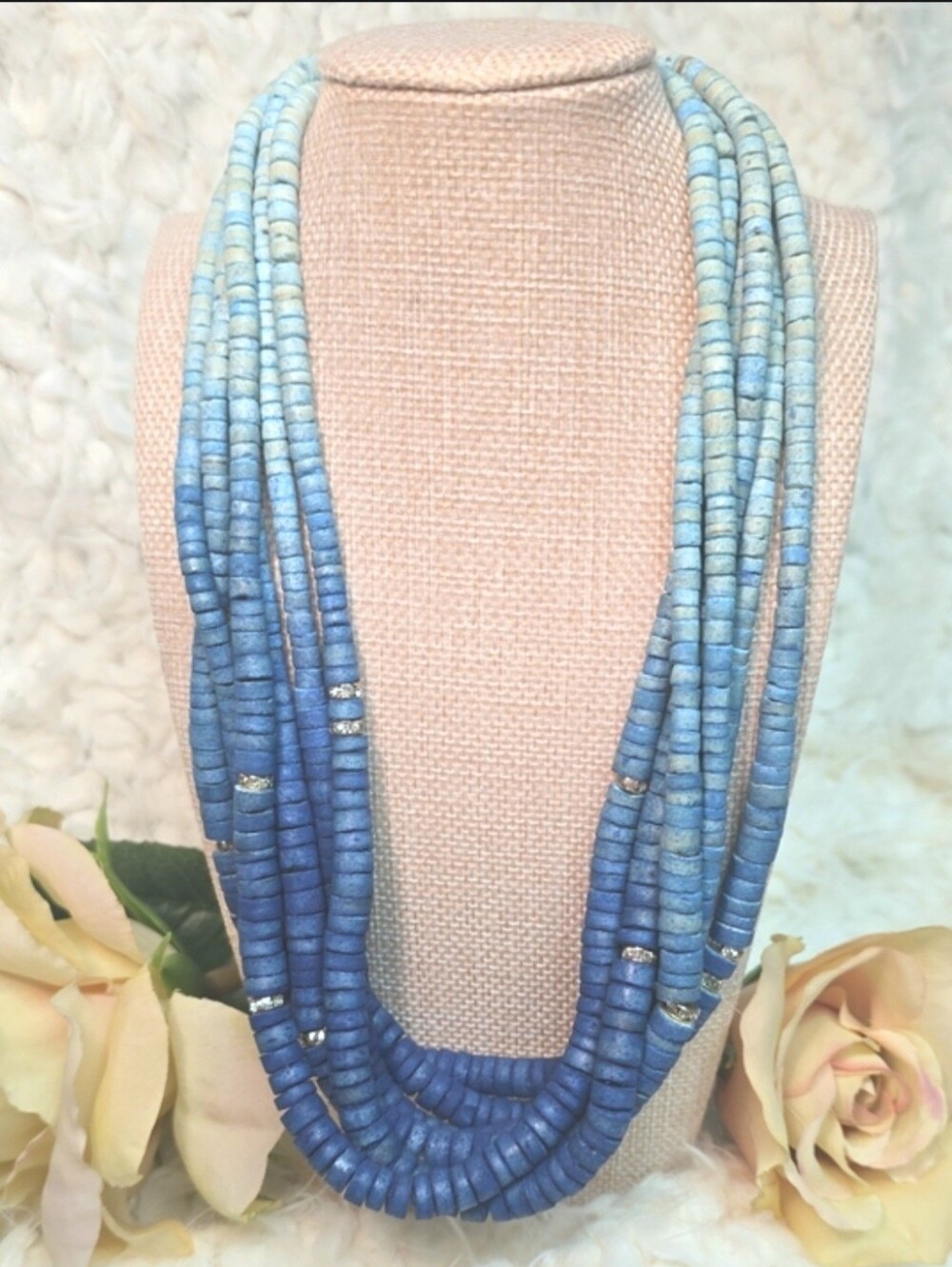 Chico's Blue Ombre Heishi Shell Bead Rhinestone Multi-strand Statement Necklace